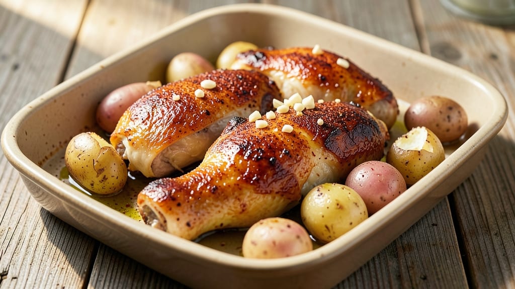 Baked Chicken Thighs And Potatoes Recipe: One-Pan Crispy Skin and Fluffy Spuds