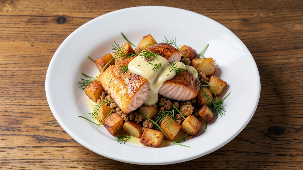 Gordon Ramsay's Crispy Salmon with Crushed Potatoes Recipe: Vinegar-Kissed Crust Over Fluffy, Herbed Mash