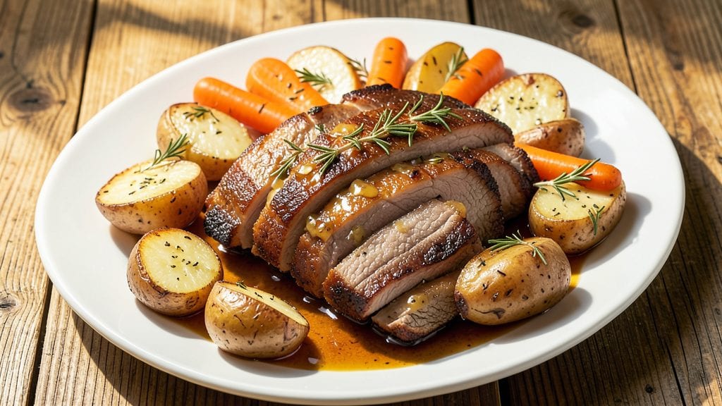 Pork Belly With Potatoes and Carrots Recipe: Crispy-Skinned Roast With Herbed Root Harmony